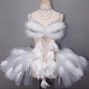 COPY - white rhinestone bead feather rave tutu set